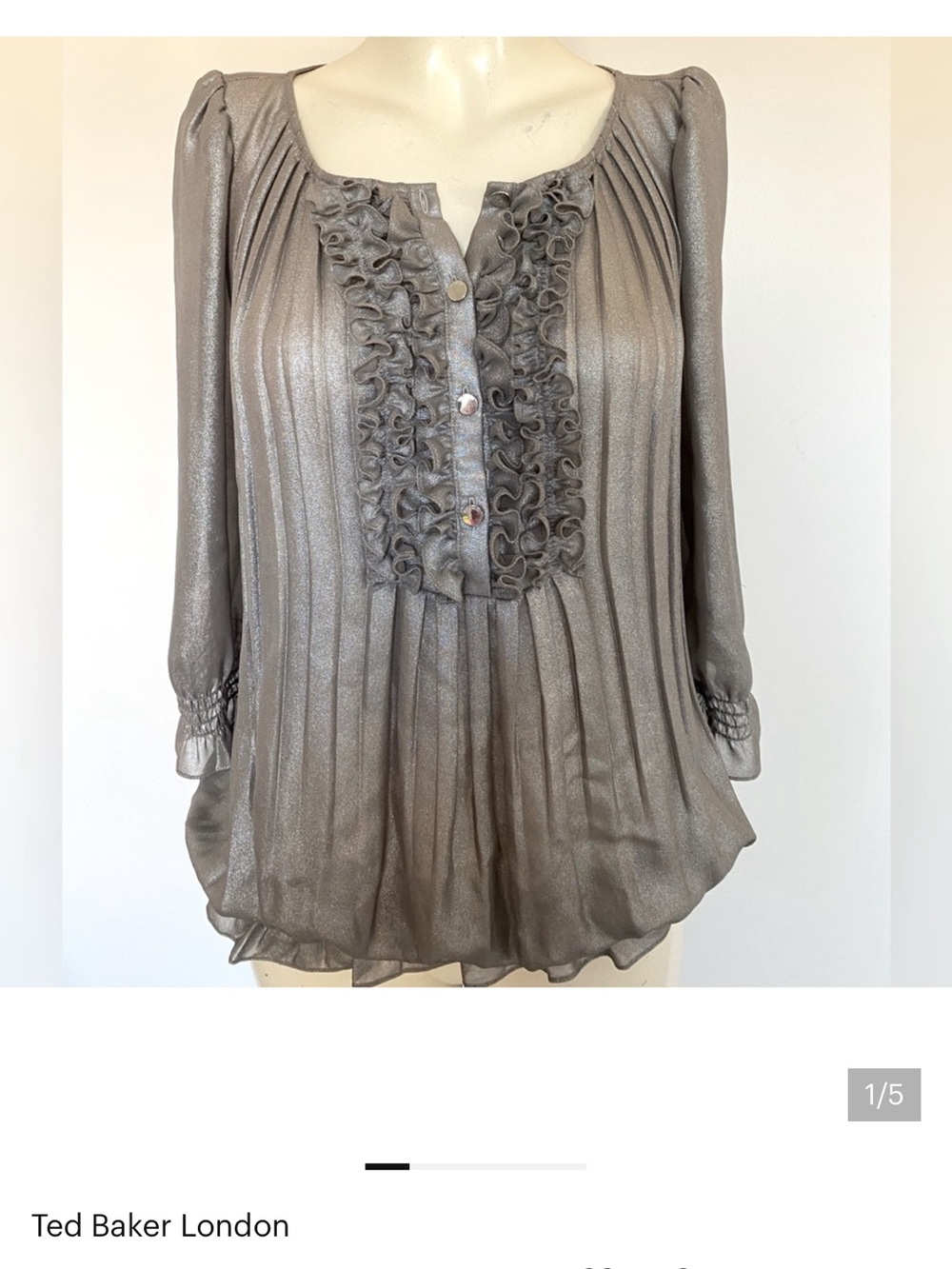 Ted Baker Metallic Silver Ruffle Pleated Blouse